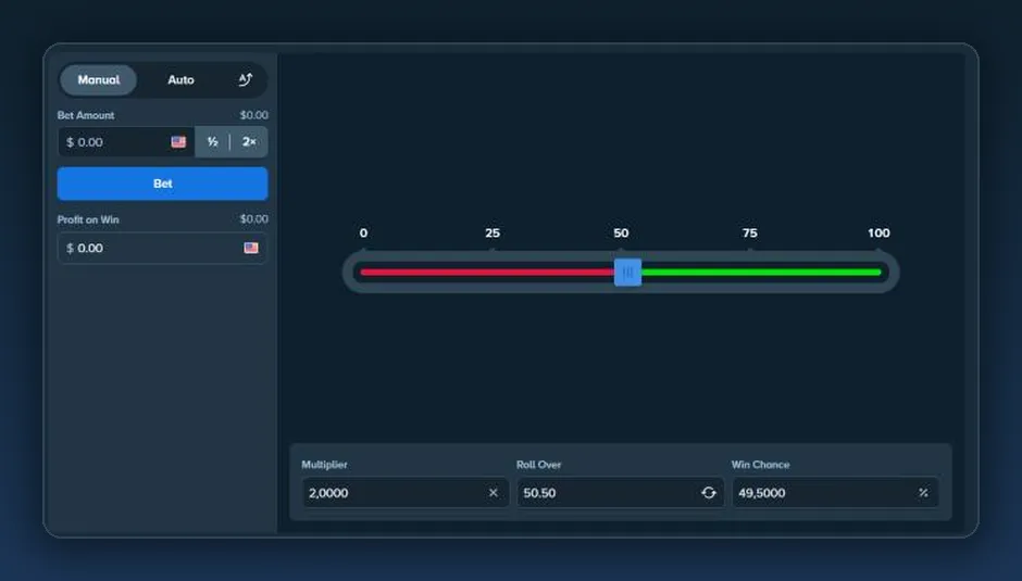 Dice game window on stake.com with the 0–100 slider, Multiplier, Roll Over and Win Chance