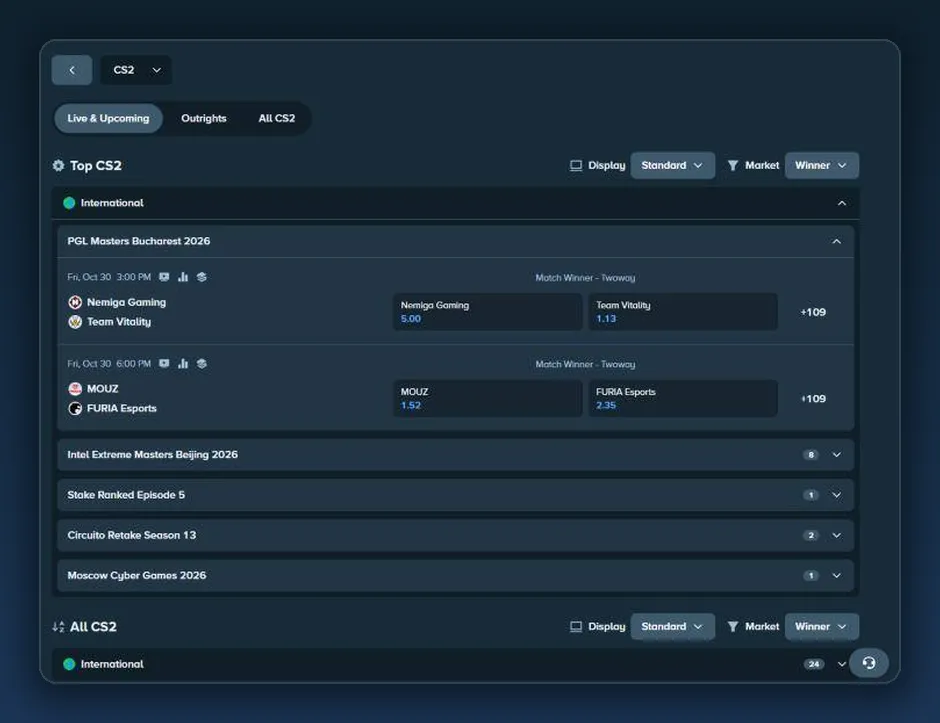 CS2 page of the stake.com sportsbook with PGL and IEM matches