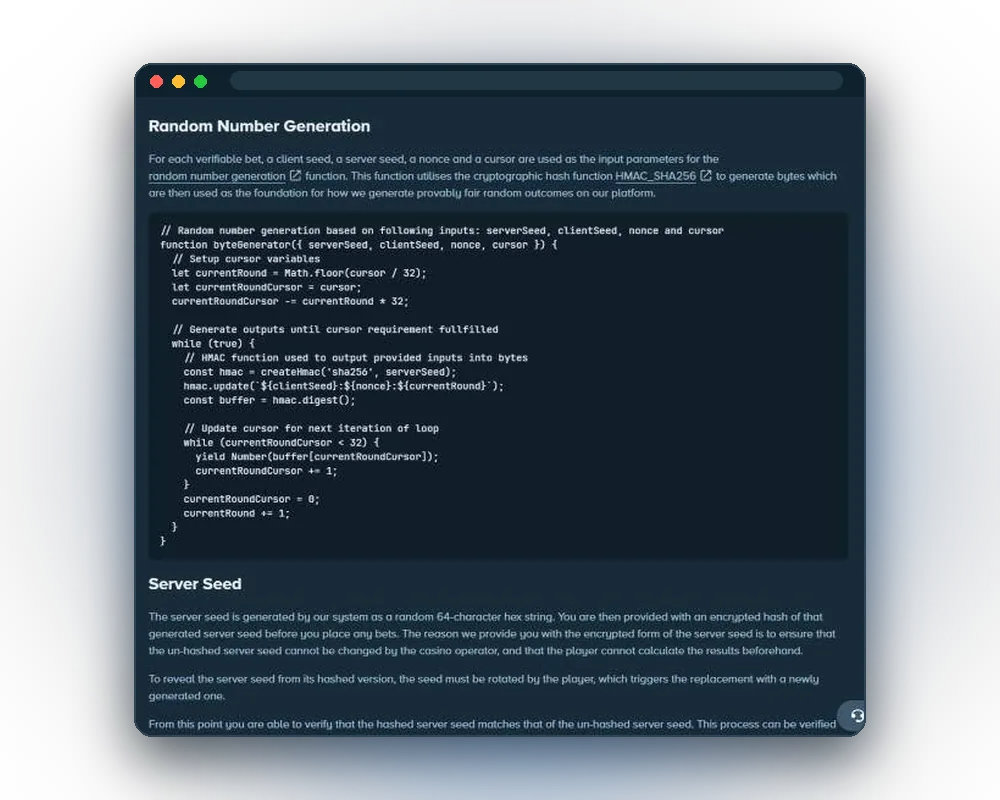 Provably fair implementation page on stake.com