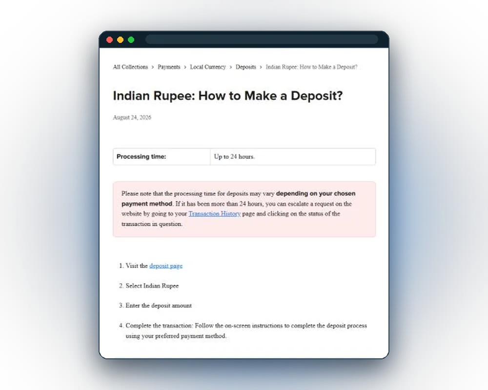 Help-centre article on Indian Rupee deposits