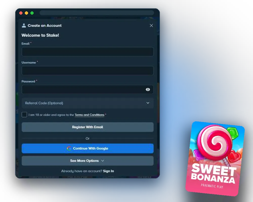 Create an Account window on stake.com