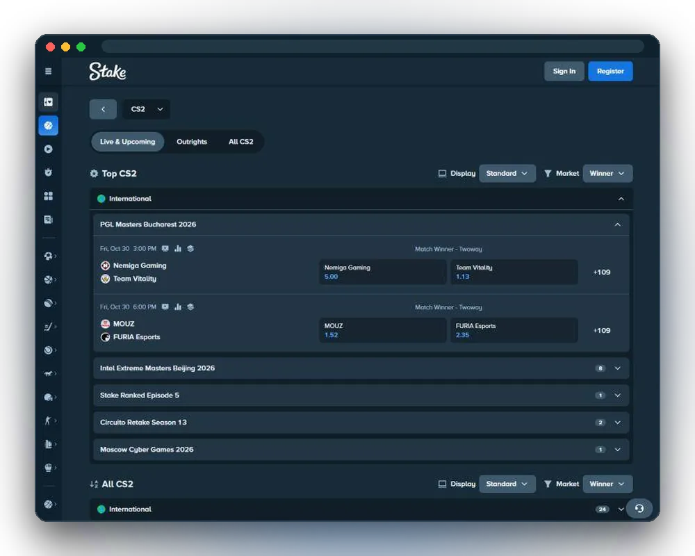 Stake CS2 page with tournament matches