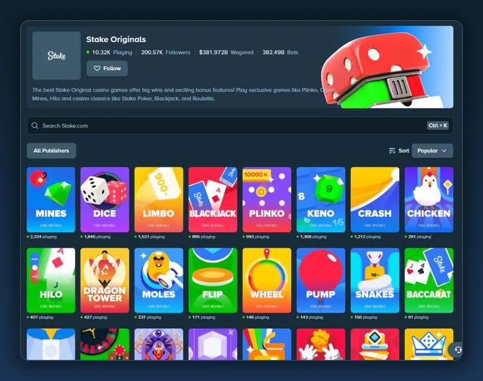 Stake Originals group on stake.com: Mines, Dice, Limbo, Blackjack, Plinko and more