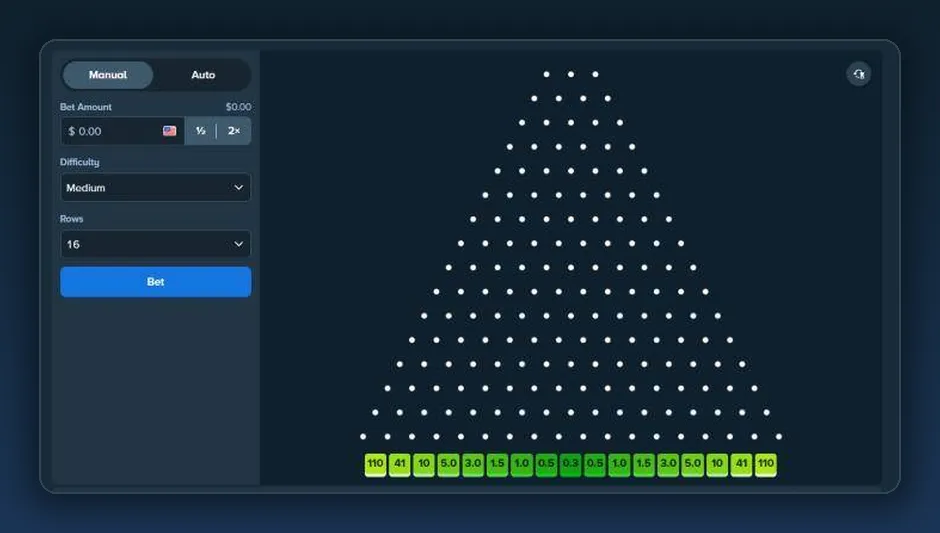 Plinko game window on stake.com: Medium difficulty, 16 rows and the payout pots