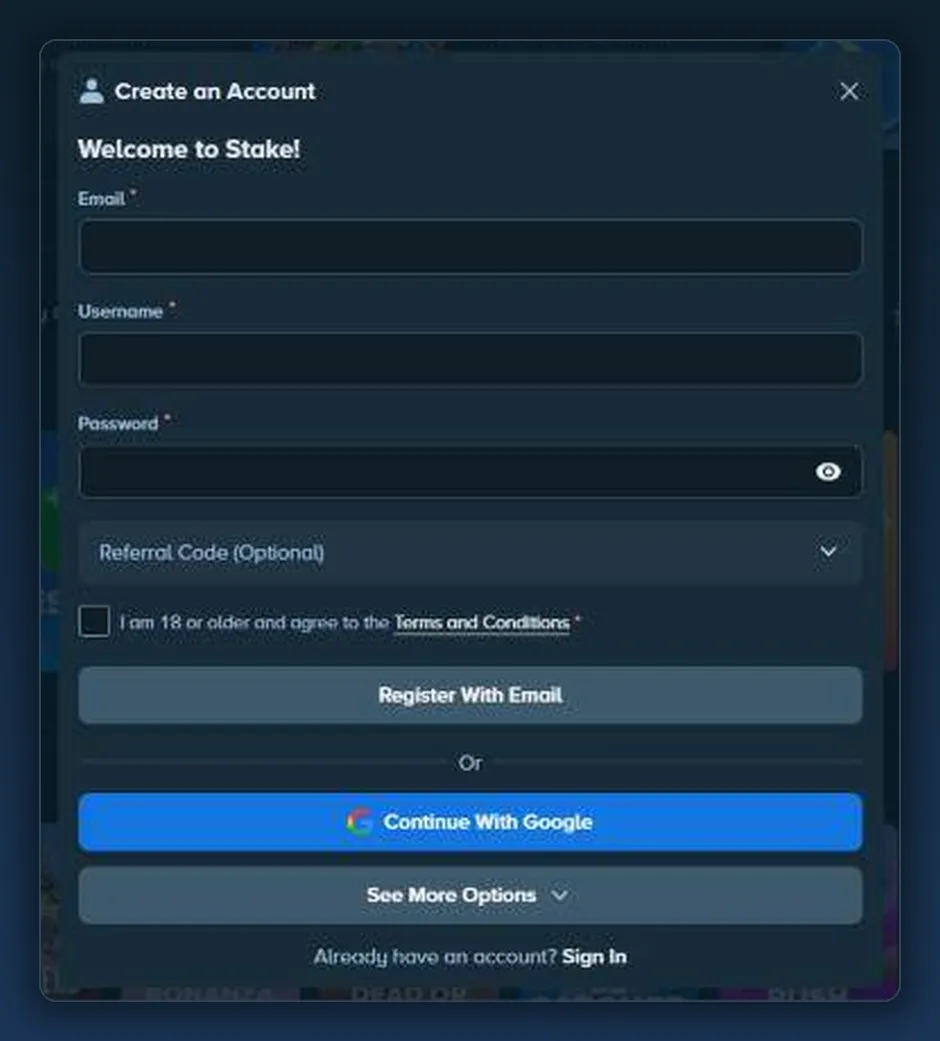Create an Account window on stake.com: e-mail, username, password, optional code field, 18+ box