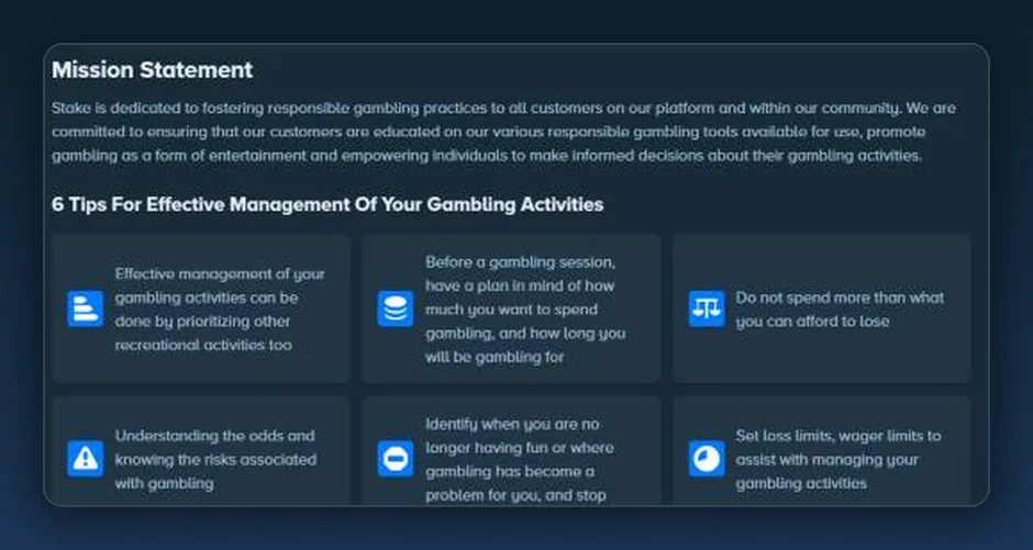 Stake Smart page on stake.com with the mission statement and gambling tips