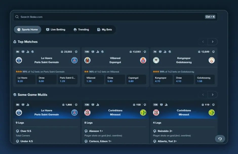 Sportsbook home of stake.com with top matches and Same Game Multis